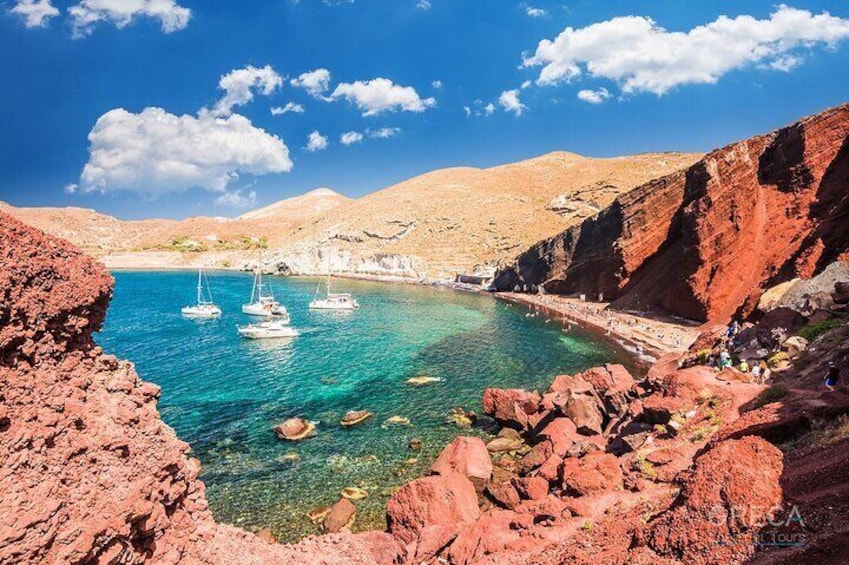 Red beach, a unique place where the red cliffs meet the turquoise waters and create an amazing sight.
