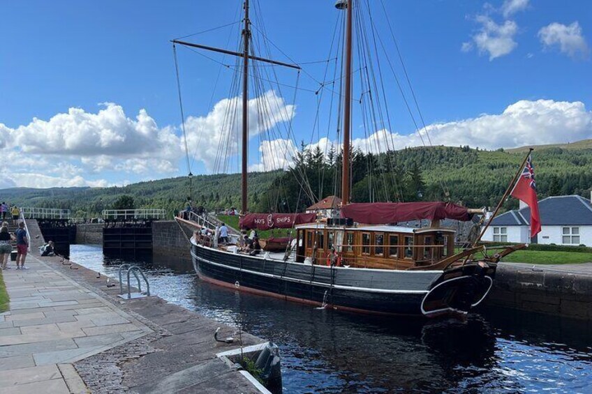 Boat Sailing Through the Caledonian Canal