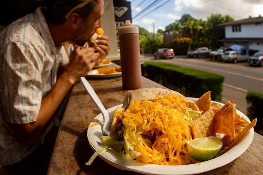 Fresh fish tacos, one of the classic Hanalei locations we feature on tour. 