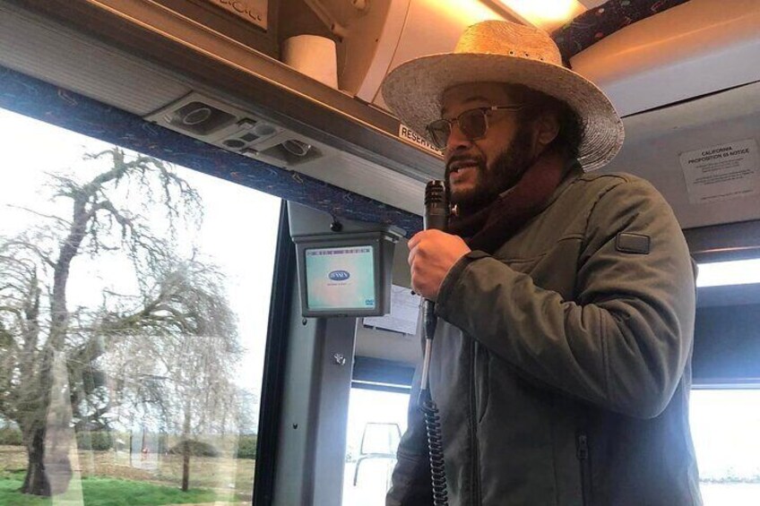 Ag speaker on the motor coach bus.