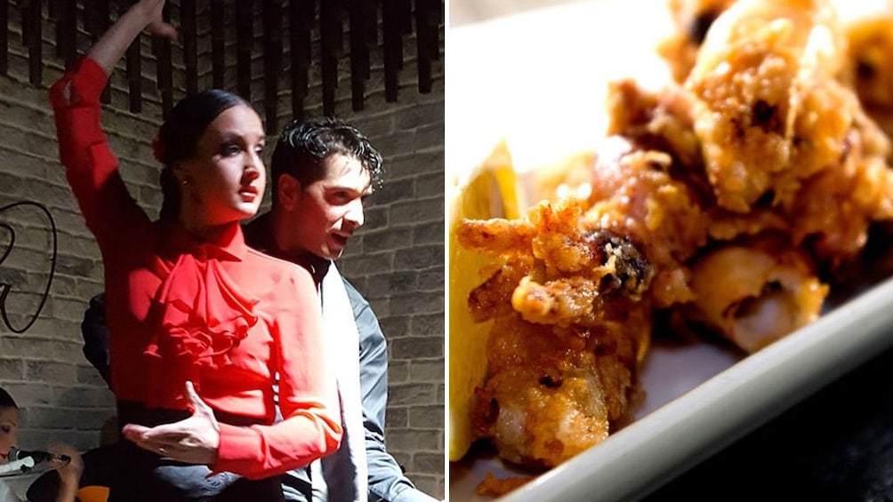 Ver elemento 1 de 6. Combo image of flamenco dancers and a plate of tapas in Valencai