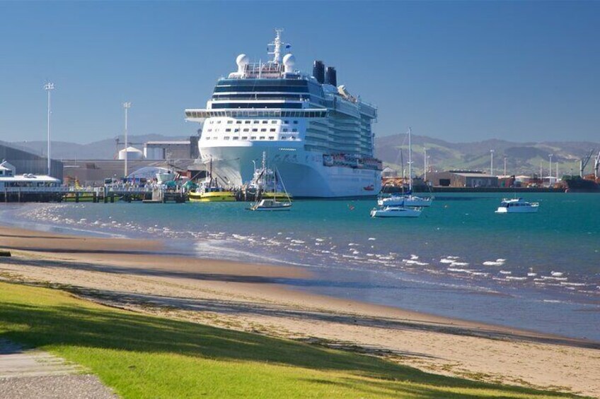 View from the Mall, Mount Maunganui back to the cruise ship in port