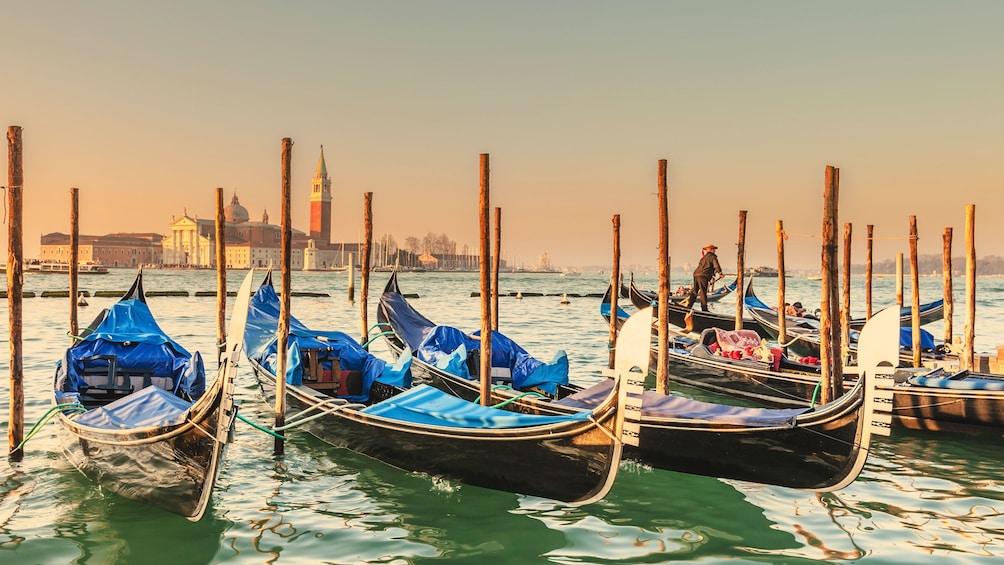 Gondolas moored to posts in Venice