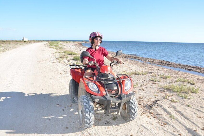 Quad tour between vineyards and the sea with a glass of wine.