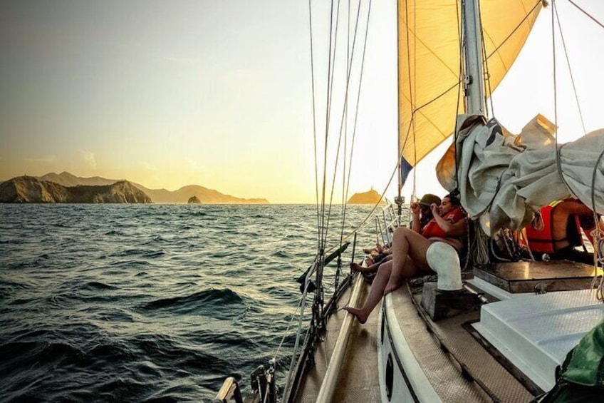 Sunset in the bay of Santa Marta in a sailboat