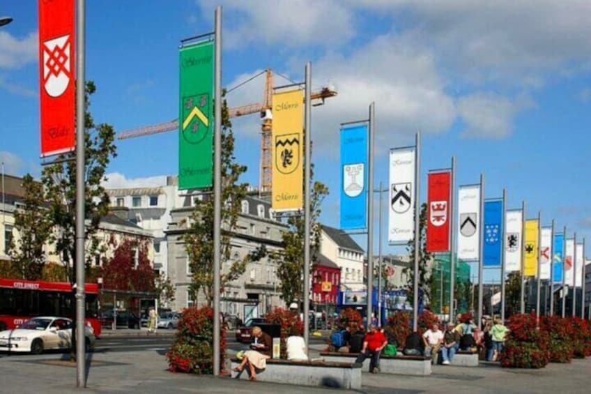 The 14 'Tribes of Galway' banners / flag-posts at Eyre Square.