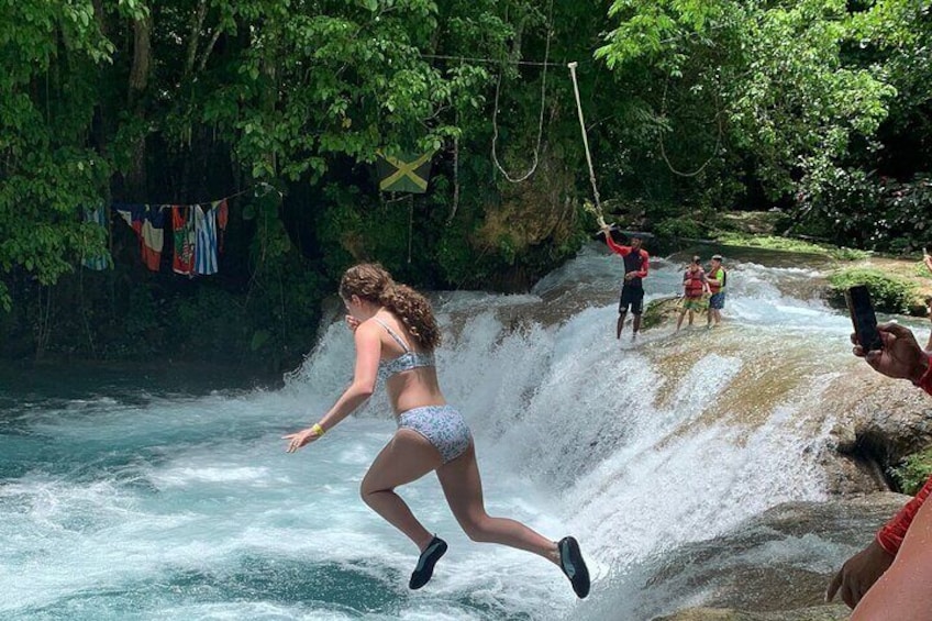 Blue Hole Waterfalls and Bamboo River Rafting Tour from Ocho Rios