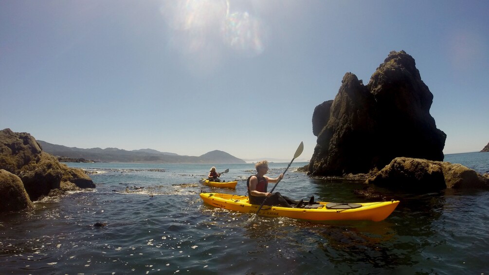 Kayakers maneuvering around rock formations on the coast of Oregon