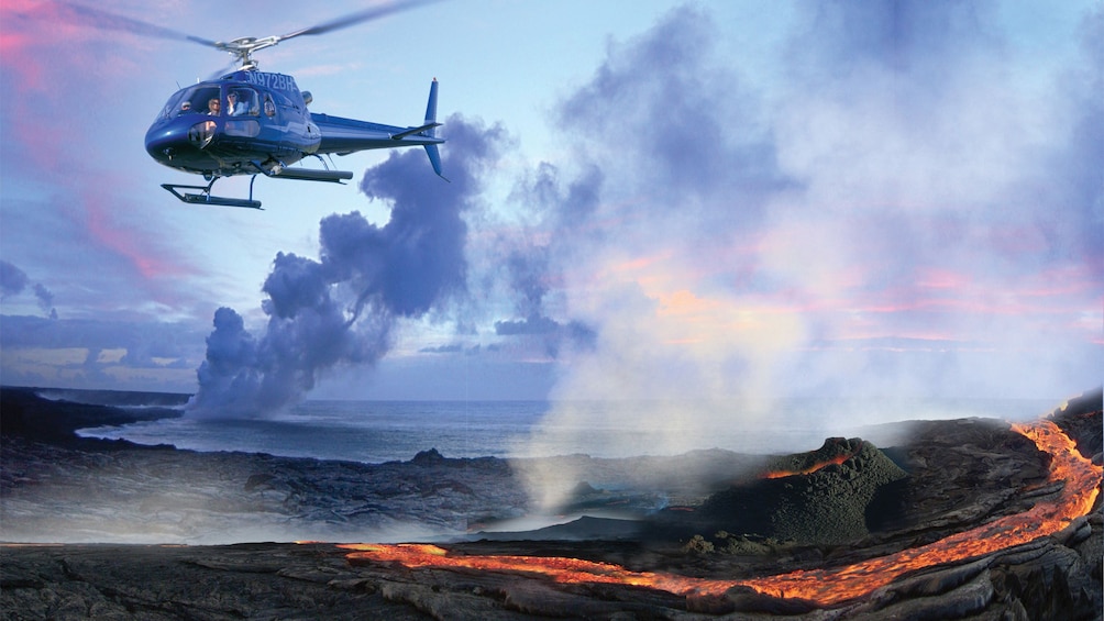 Helicopter over lava flow on Oahu