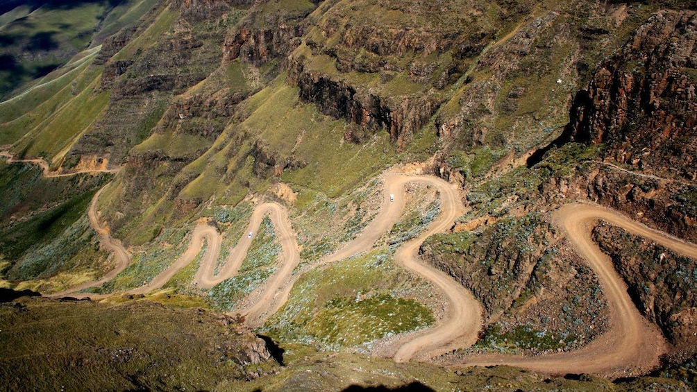 View below of the winding road up Sani Pass in Lesotho