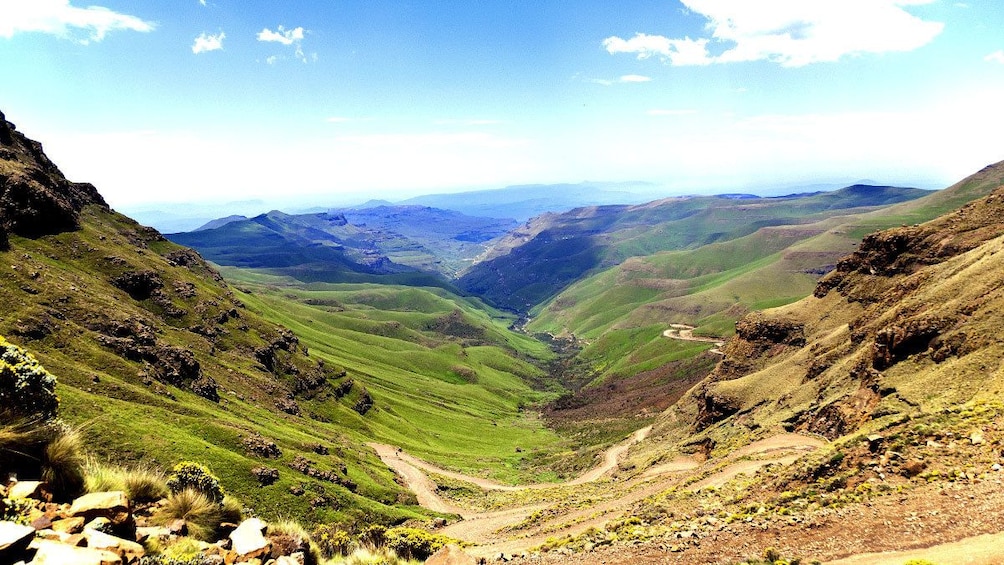 View of Sani Pass road winding up the mountain in Lesotho