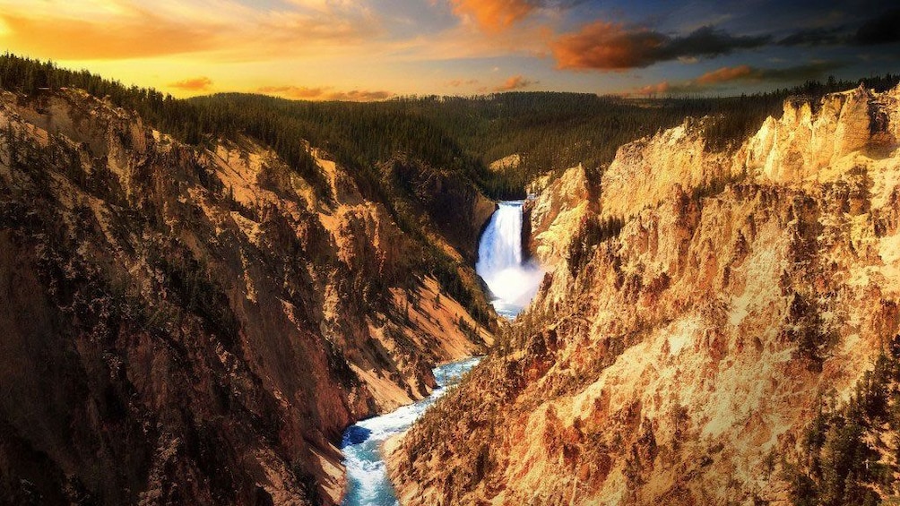 View of Yellowstone falls during sunset 