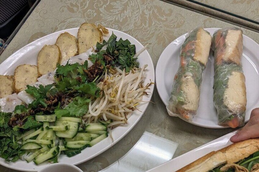 Vietnamese vegetarian rice rolls with imitation and jicama spring rolls with peanut butter