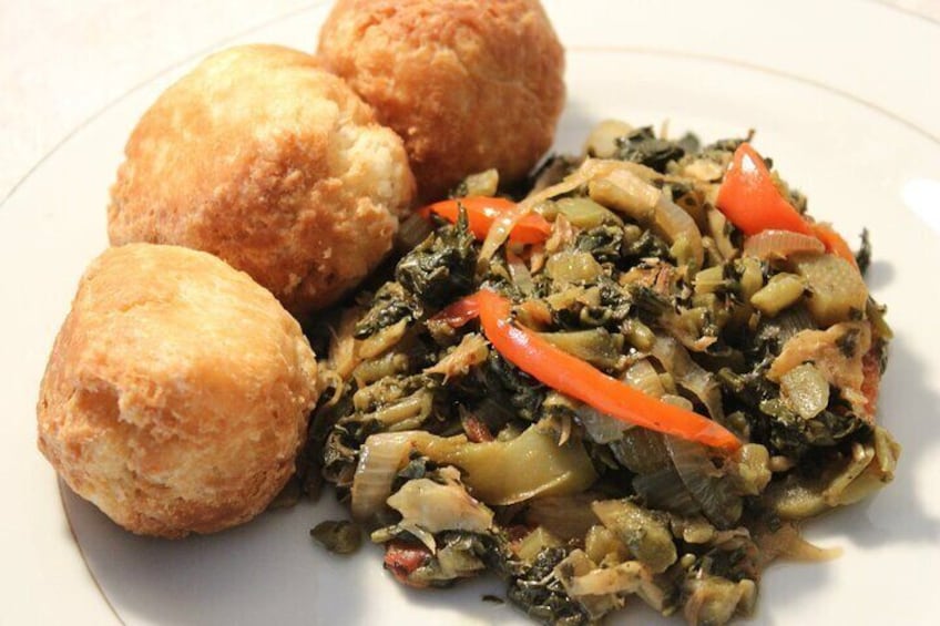 Fried Dumplings & Callaloo