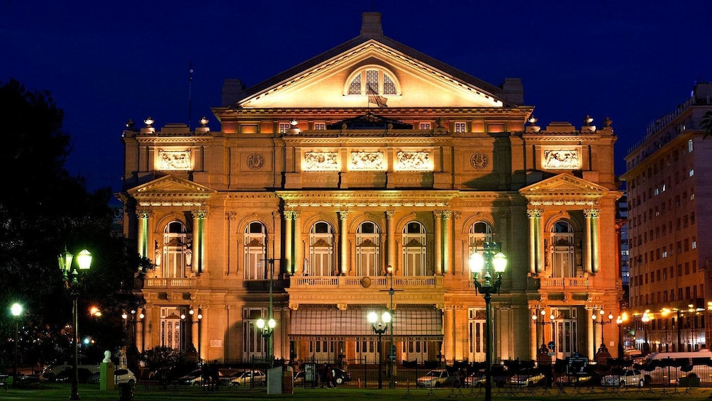 Exterior of Colon Theater at night in Buenos Aires