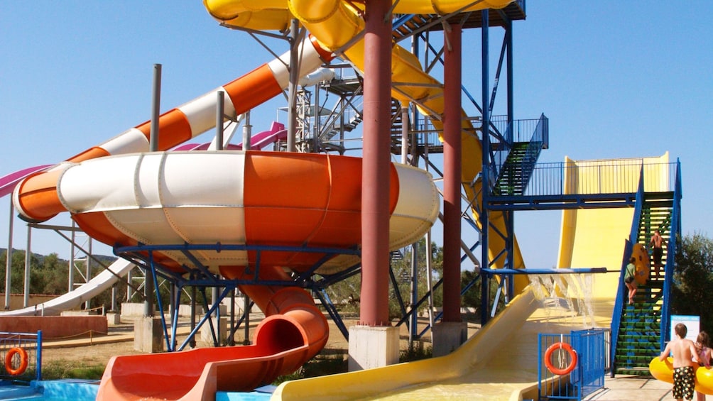 Multiple water slides in water park on Ionian Islands