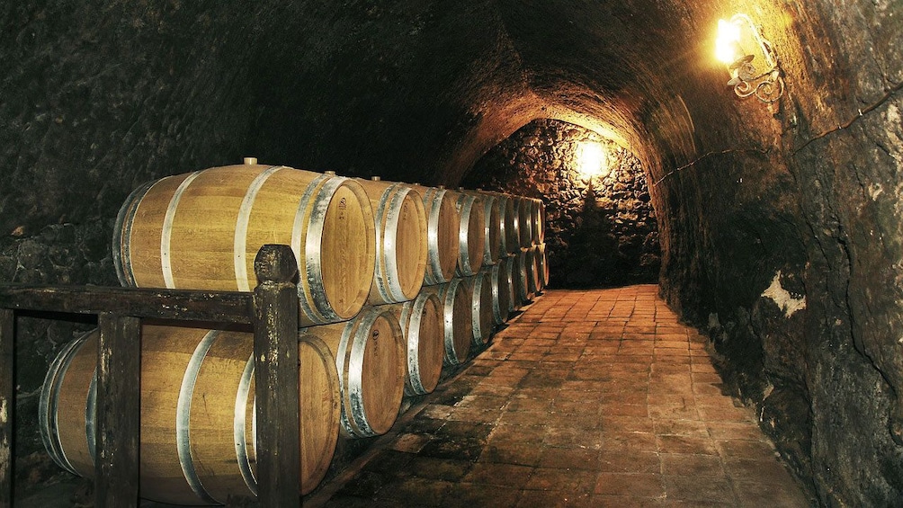 Barrels of wine stacked in winery cellar in Niagara Falls, Ontario