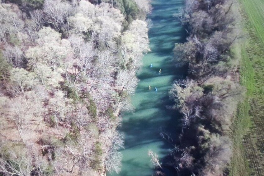 Drone view of kayakers on Collins river