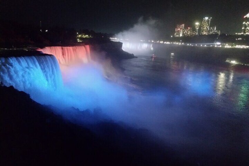 Breathtaking views of all Three Falls illuminated