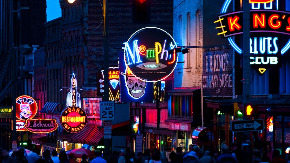 Neon signs light up Beale Street in Memphis