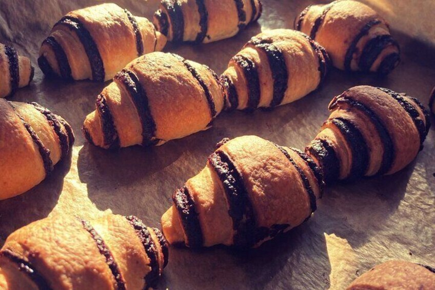 Delicious chocolate and cinnamon rugelach pastries.