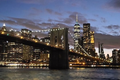 Crucero nocturno por el horizonte de Nueva York y la Estatua de la Libertad