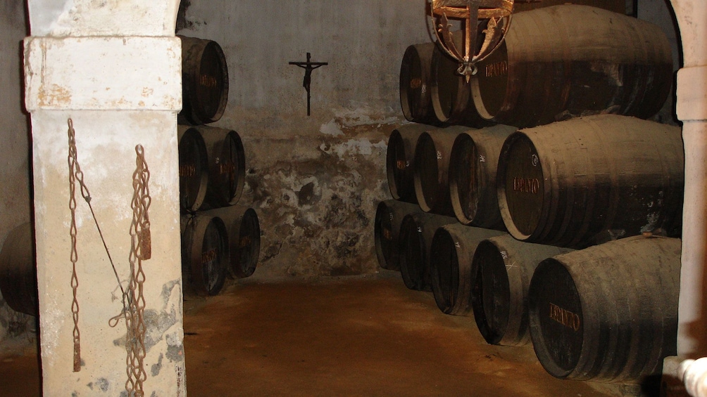 Large barrels of wine at a vineyard in Seville