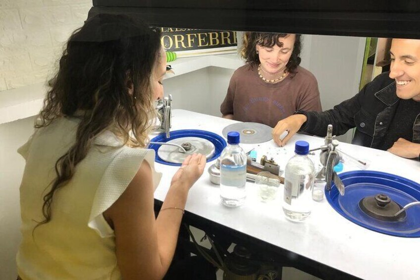 Emerald carving workshop in Bogotá, Colombia.