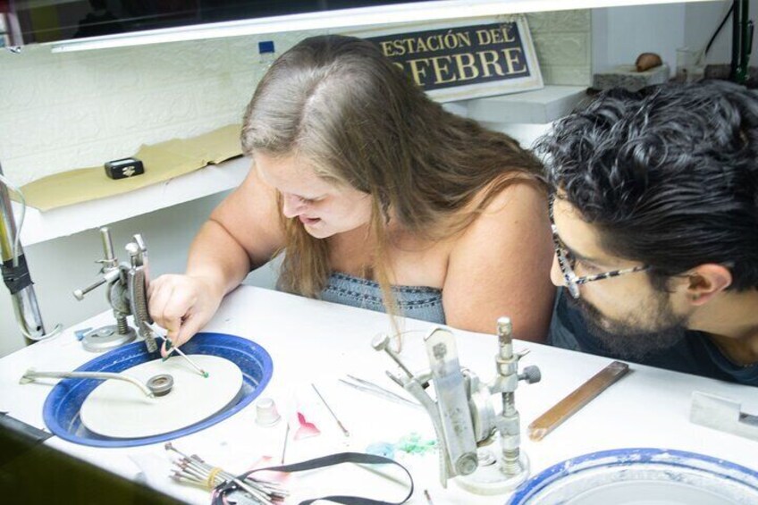 Emerald carving workshop in Bogotá, Colombia.