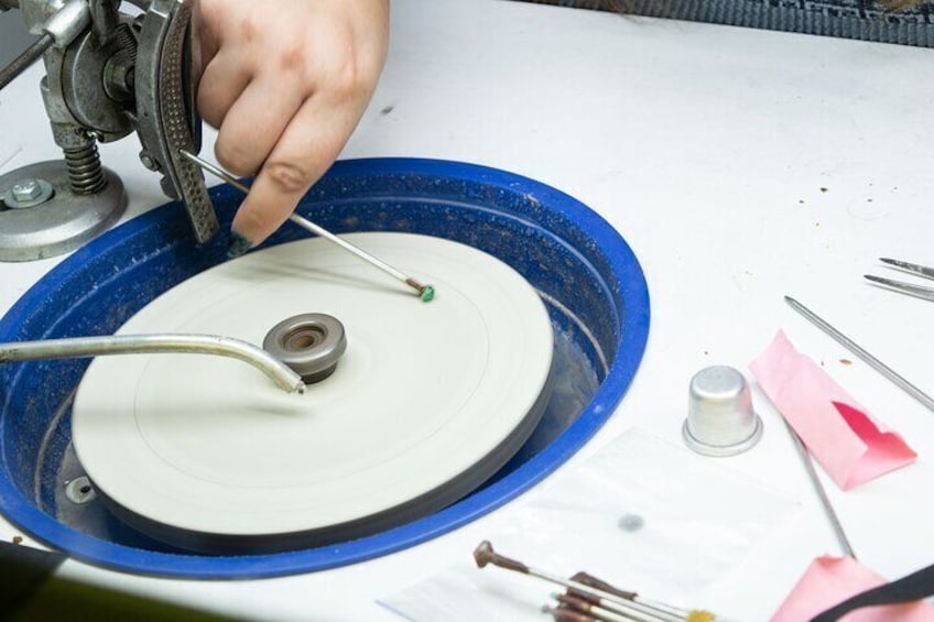 Emerald carving workshop in Bogotá, Colombia.