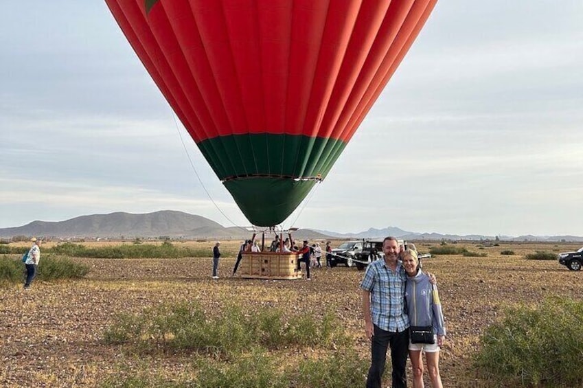 Hot air balloon flight in the desert with camel ride