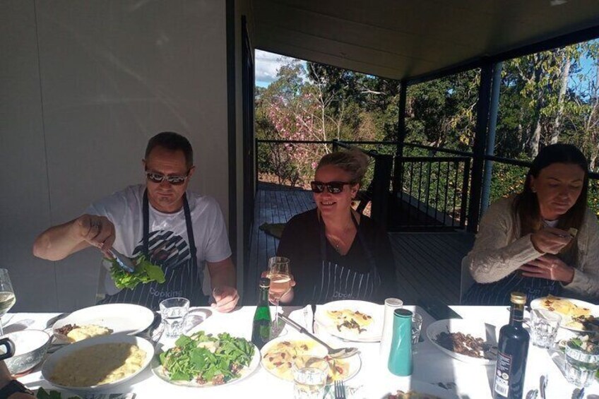 Enjoying our Italian cooking class lunch