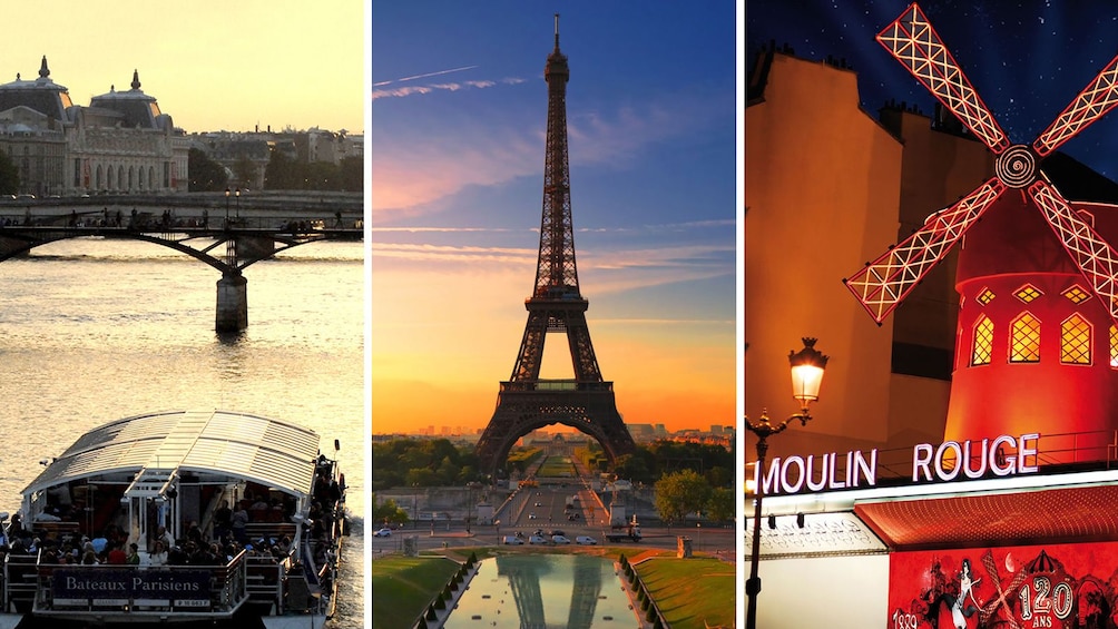 Split image of a Seine River cruise, Eiffel Tower and Moulin Rouge in Paris