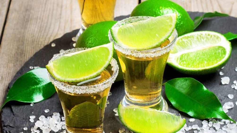 Platter of Tequila with salt and lime
