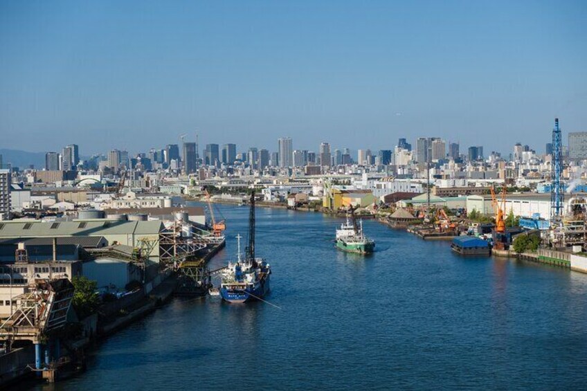 View of Osaka city from top of bridge