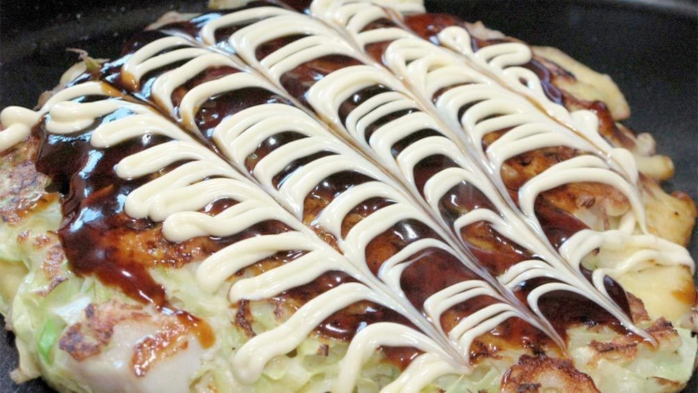 Okonomiyaki made at the Osaka Cooking Class in Osaka, Japan 