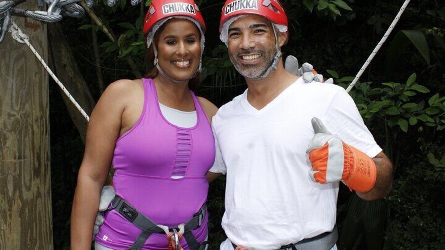Couple on the platform during their Monkey Zipline Adventure at Harrison's Cave Eco-Adventure Park