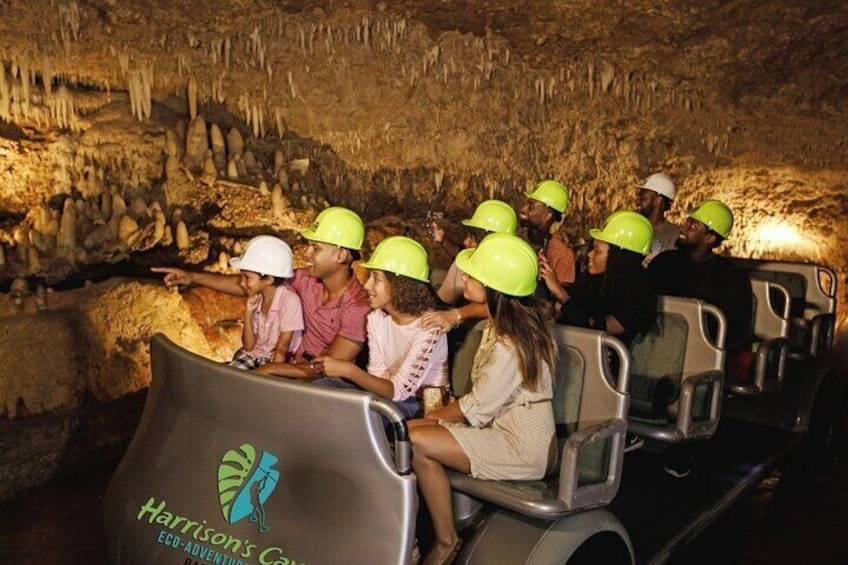 Guests onboard an electric tram going through Harrison's Cave at the Harrison's Cave Eco-Adventure Park