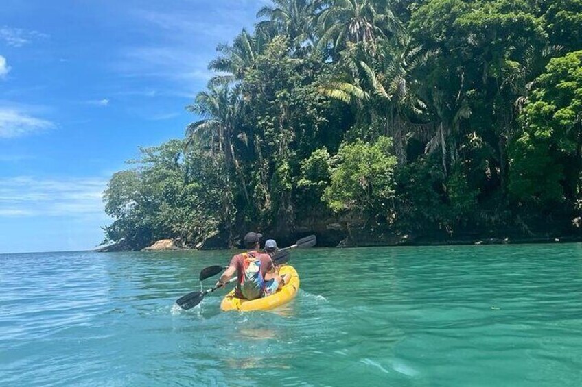 Kayak in the sea with mountain view