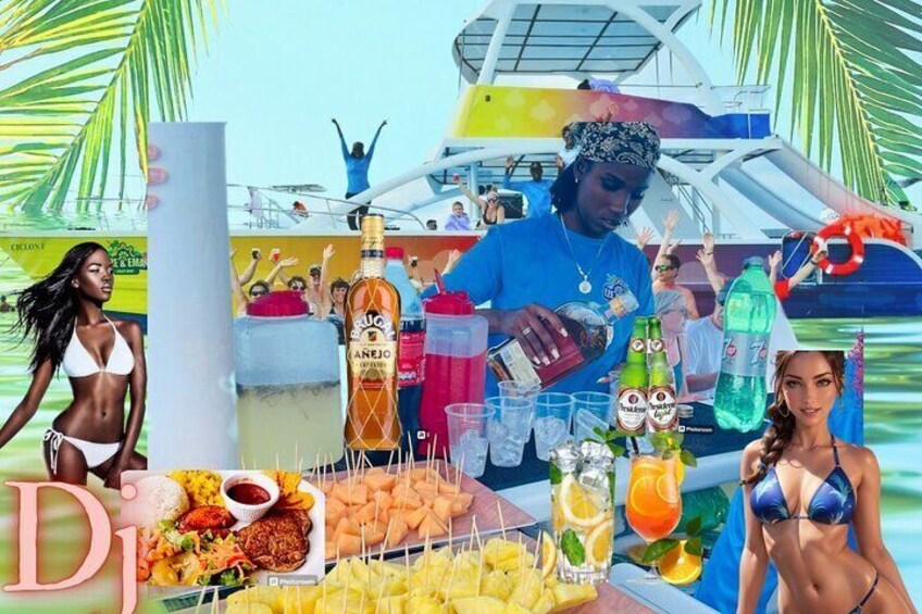 Bartender preparing drinks and the clients in the water waiting for with happiness jumping by listing the music.