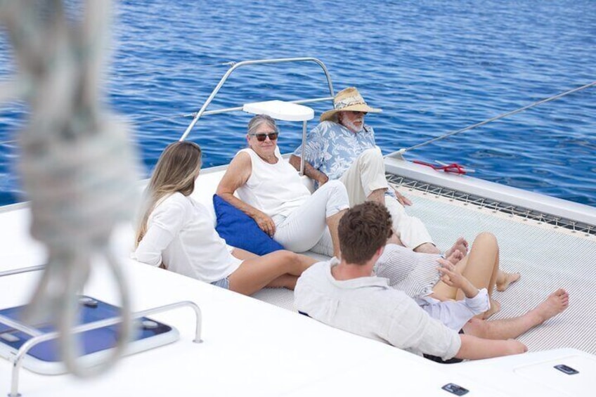 Highly-desired trampoline on the bow of SV Artemis, where luxury meets adventure.