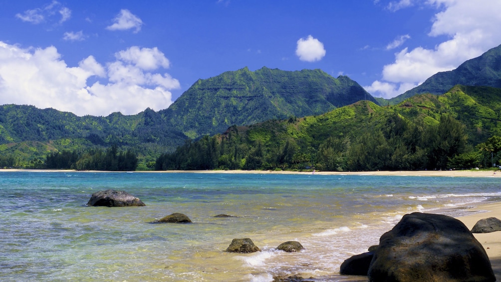 beautiful beach and mountain scenery in Kauai