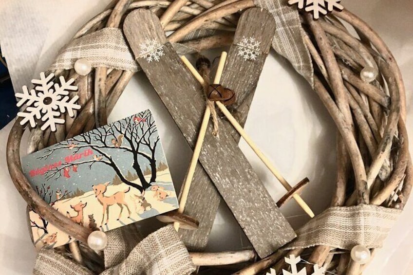 Winter wreath with wooden skis