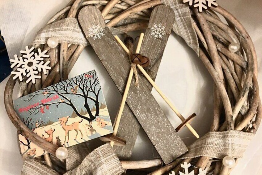 Winter wreath with wooden skis