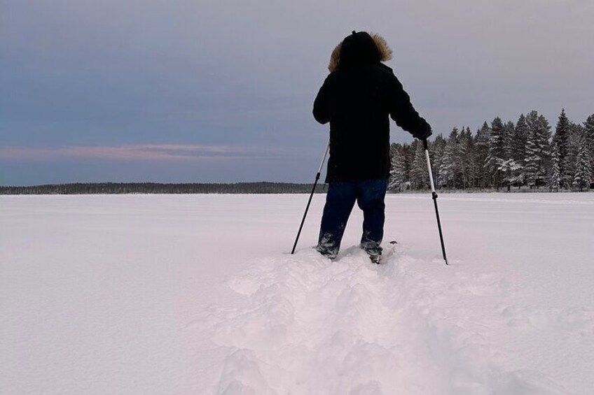 Breaking our way through the deep snow on Lake Norvajärvi