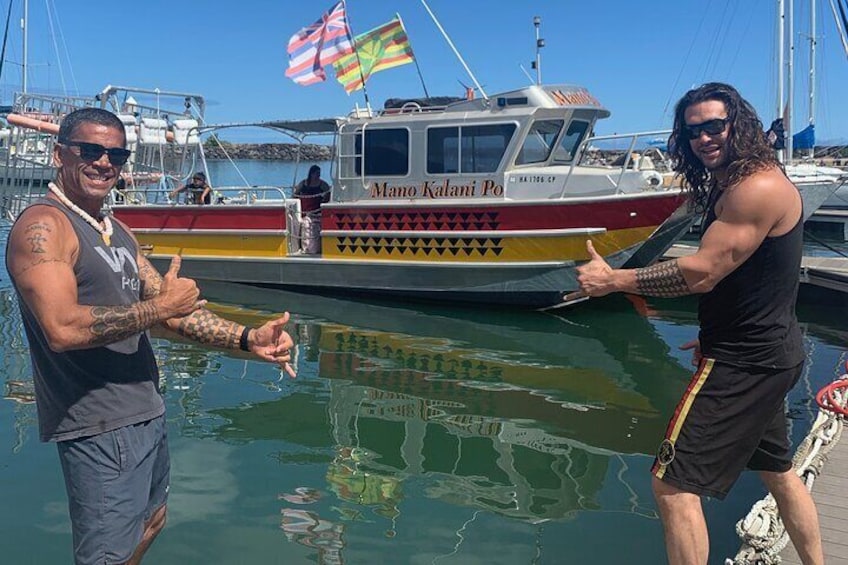 "Aquaman approved." Co founder of Haleiwa Shark Tours, Kala Alexander with friend/actor Jason Momoa.
