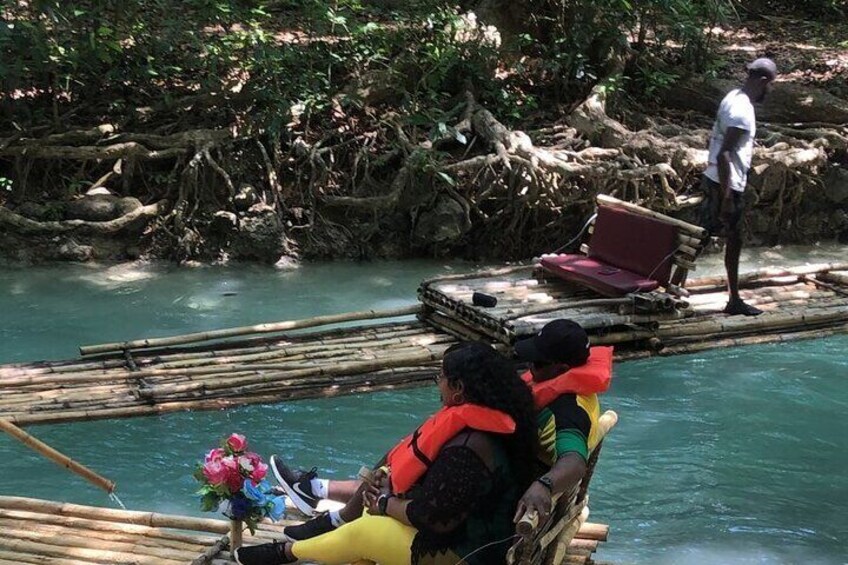 Bamboo River Rafting on the White River in Ocho Rios Jamaica. Birthday present vacation with flowers (lovers cruise)