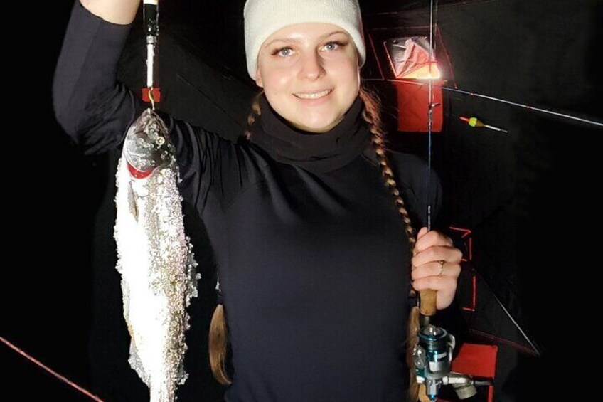 A nice landlocked salmon, caught on one of our recent ice fishing trips.