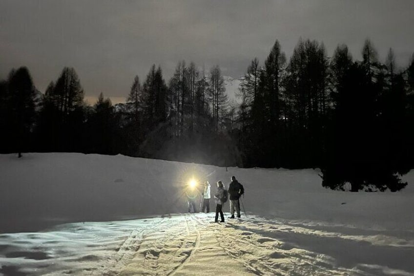 The Dolomites at night with snowshoes