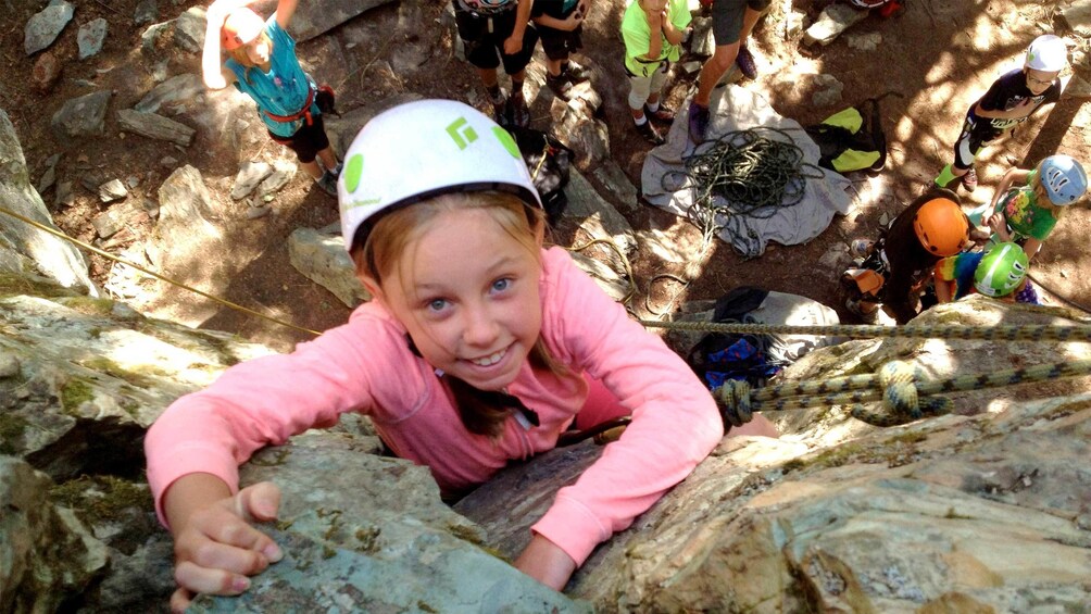 Show item 1 of 5. Young girl climbing on the Stryker Rock Climbing adventure in Billings, MT